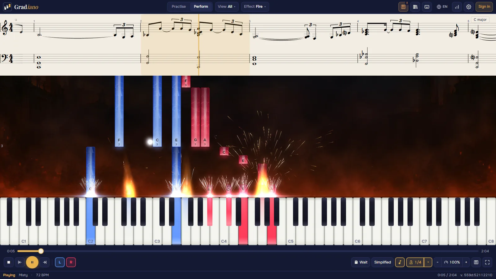 Interpretar con el efecto Fuego: las notas que caen arden junto al teclado bajo la partitura.